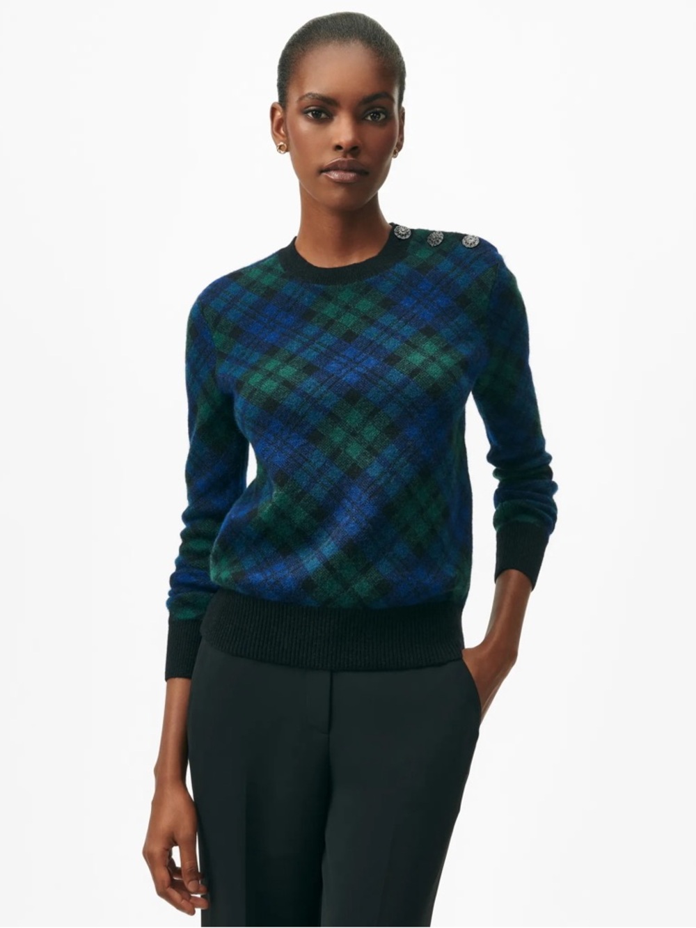 Brooks Brothers Watch Tartan Alpaca Merino Wool Blend Jeweled Button Sweater S